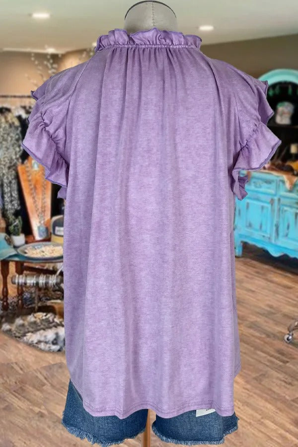 Solid V-Neck Ties Ruffle Sleeve Top