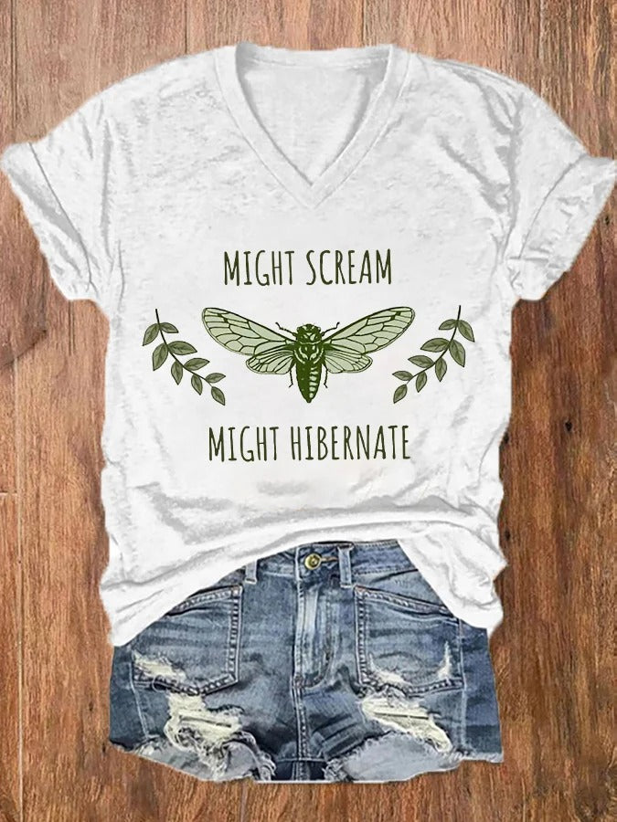 Women's The Great Cicada Comeback Tour 2024 Might Scream Might Hibernate V-Neck Tee