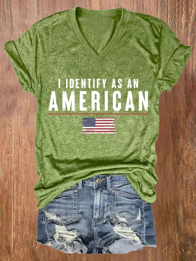 Women's I Identify As An American Print Casual V Neck T-shirt