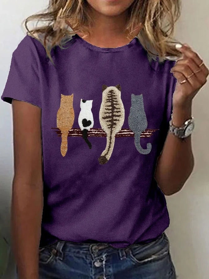 T-shirt décontracté imprimé chat pour femme