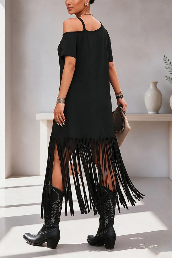 Edgy Cold Shoulder Tassel Detail Maxi Dress