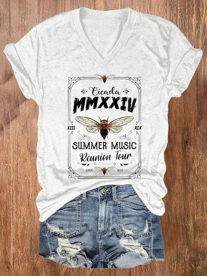 Women's The Cicadas Summer Music Print V Neck T-shirt