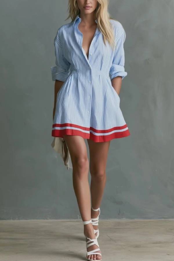 Retro-style Color-blocked Trim Blue Striped Long-sleeved Collared Cotton Mini Dress