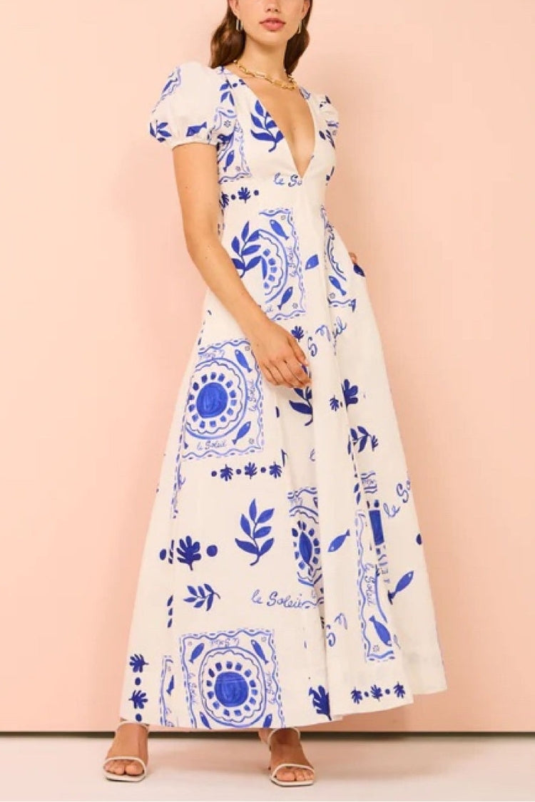 Embrace The Glamour Linen Blend Unique Print Puff Sleeve Pocketed Maxi Dress