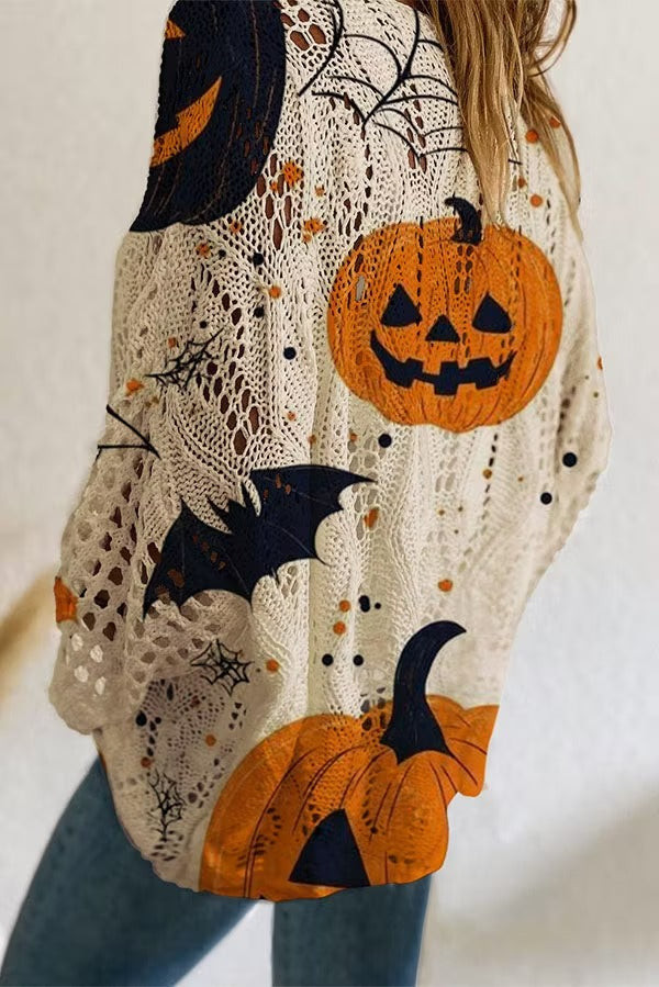 Halloween Pumpkin & Bat Hollow Out Knit Oversized Sweater