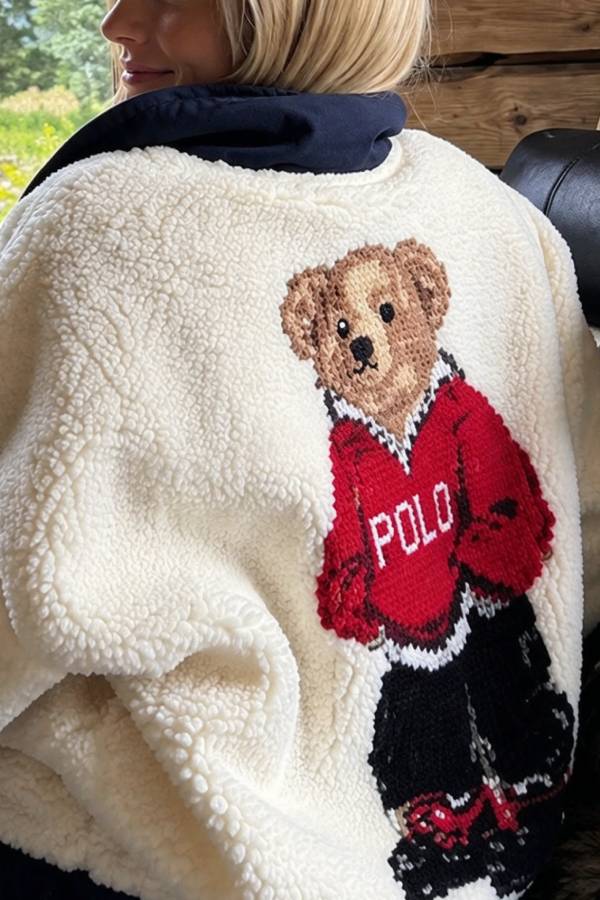 Cute Bear Print Colorblock High-Pile Fleece Zipper High Neck Long Sleeve Pocket Sweatshirts