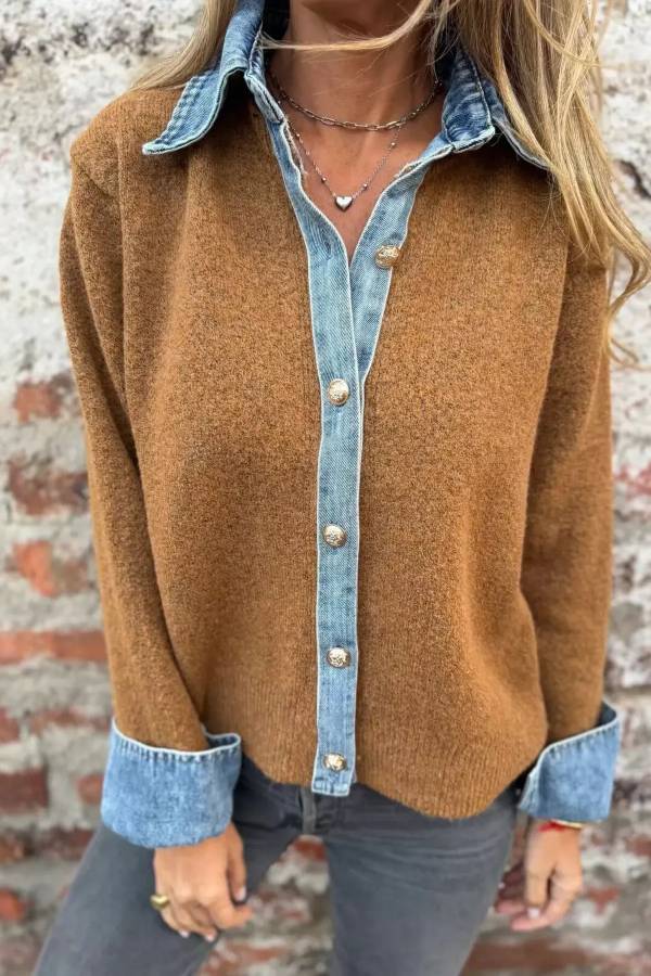 Contrast Denim Trimmed Sweater Cardigan