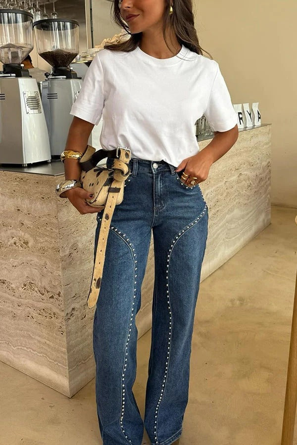 Trendy and Unique Denim Beaded High Rise Pocket Straight Leg Jeans