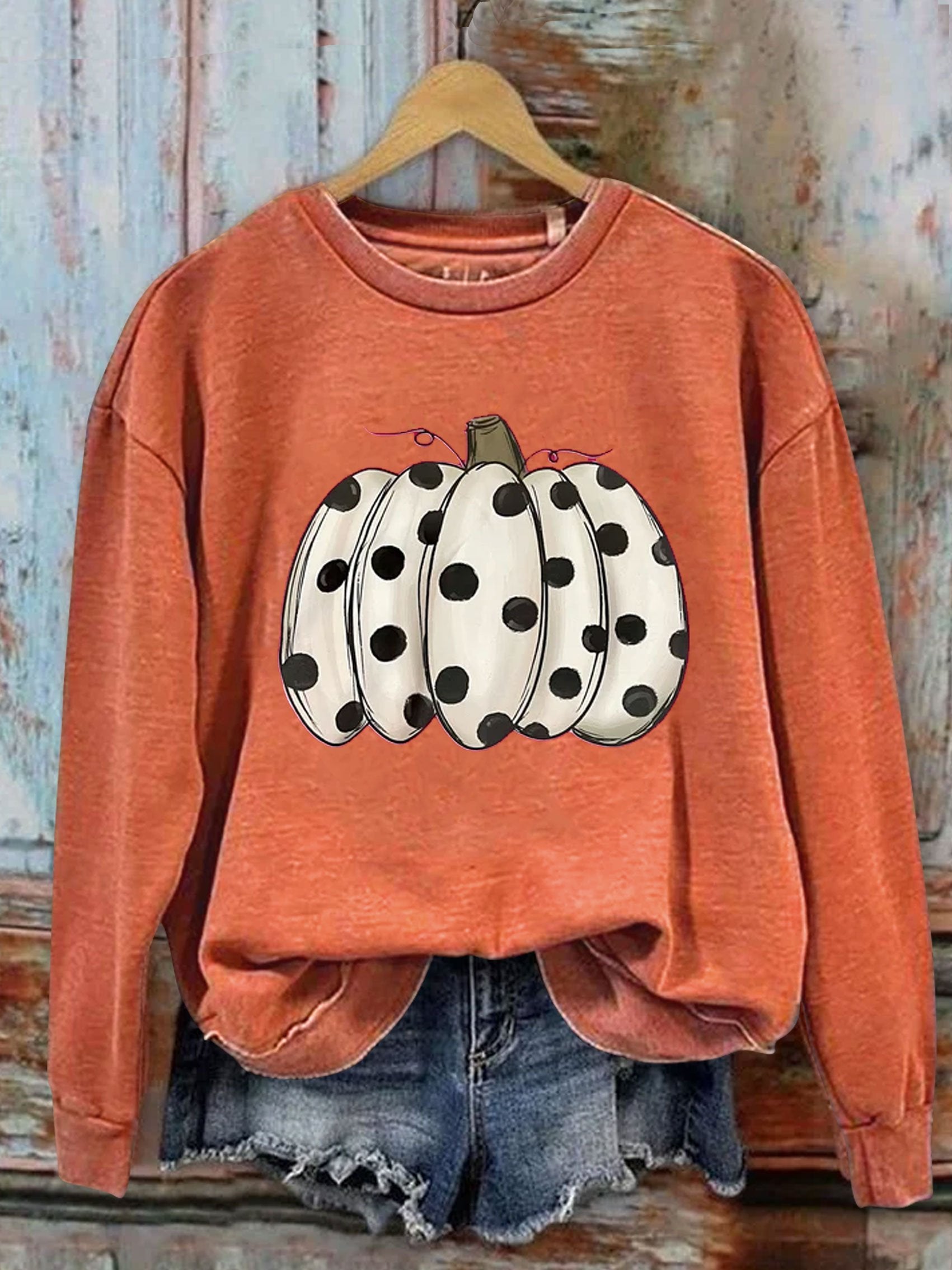 Cute Polka Dot Vintage Pumpkin Print Casual Sweatshirt