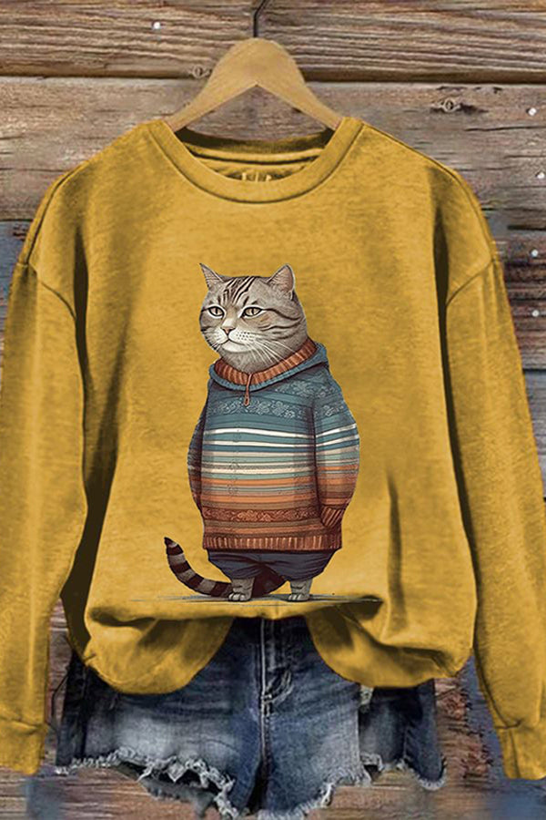 Women's Winter Cat Print Crew Neck Sweatshirt