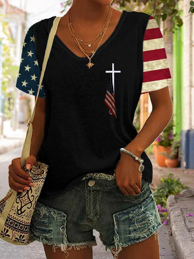 Women's Flag Print Casual V-Neck T-Shirt