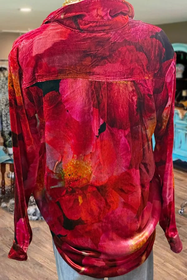 Colorful Print Button Down Velvet Shirt