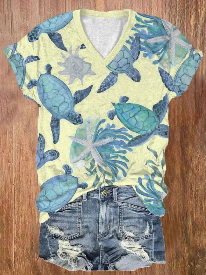 T-shirt décontracté à col en V et imprimé tortue hawaïenne pour femme