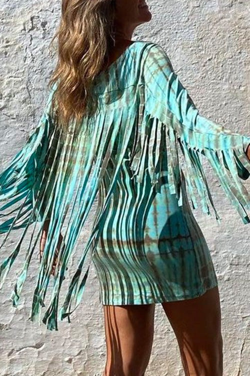 Tassel Long Sleeve Tie Dye Bodycon Dress