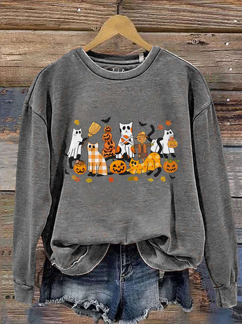 Schwarzes Sweatshirt mit Halloween-Geisterkatzen-Print