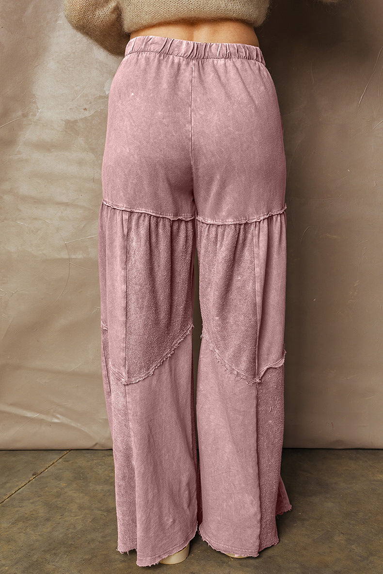 Washed Patchwork Drawstring Wide-Leg Pants