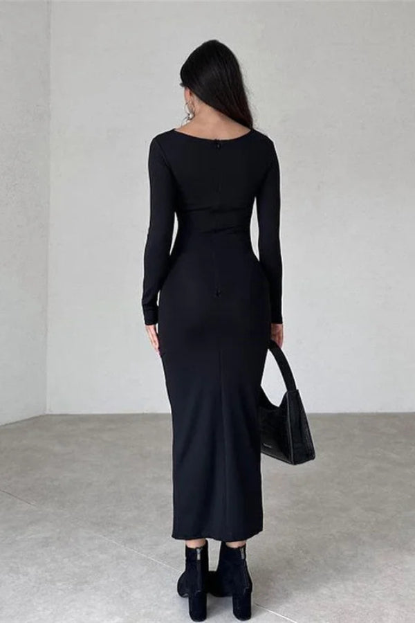 Sexy Pleated Long -sleeved Dress