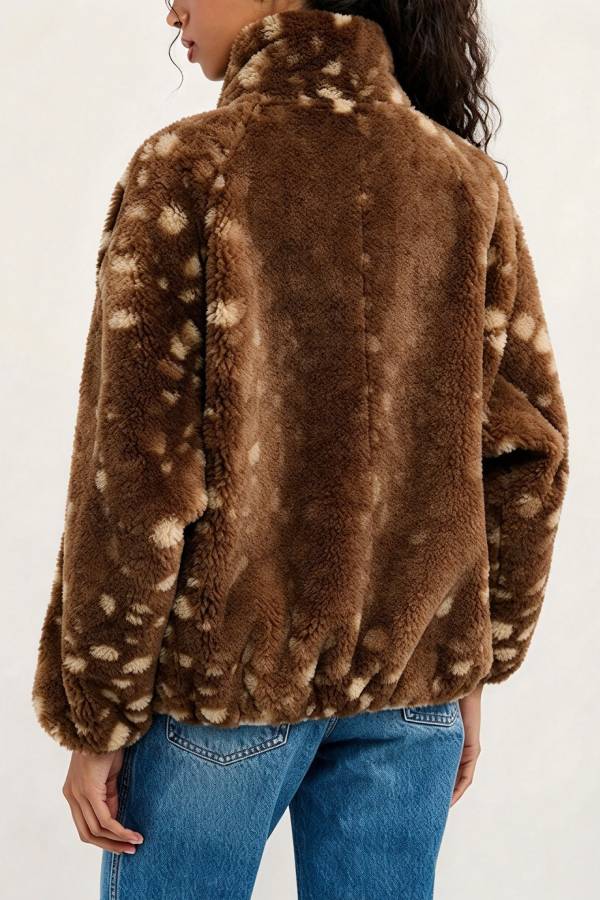 Bambi Print Color Block Trim High-Pile Fleece Zipper Half Neck Long Sleeve Pocket Sweatshirts