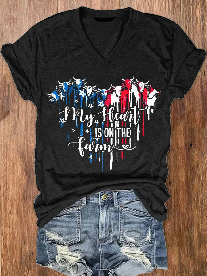 T-shirt col V imprimé « Je peux le faire avec un cœur brisé » pour la fête de l'indépendance des femmes