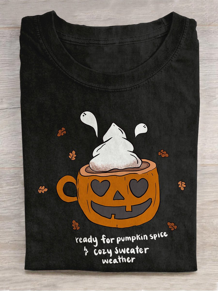 Pumpkin Spice Mug Halloween Casual Print T-shirt