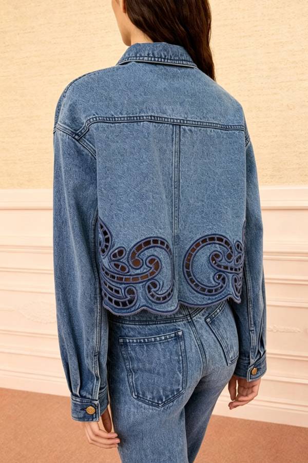 Karoline Denim Embroidered Flower Cutout Design Button Long Sleeve Jacket