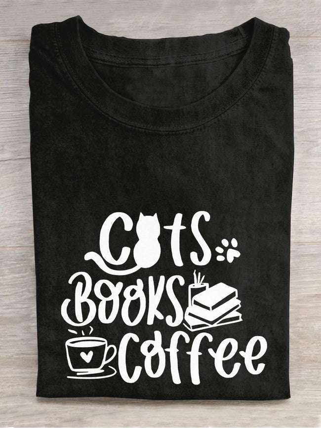 Cats Books Coffee Lover Casual Print T-shirt