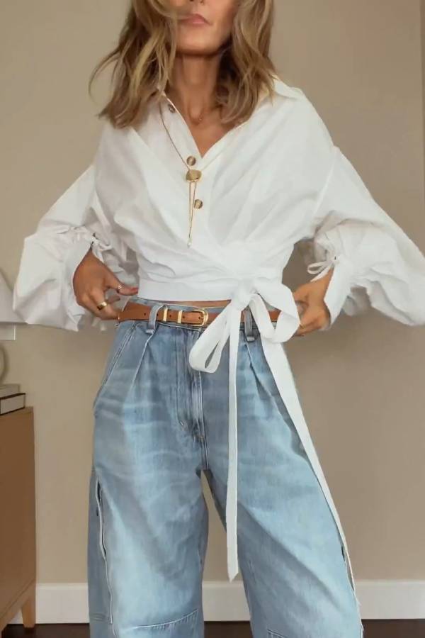 White Tie‑Waist Puff Sleeve Cropped Shirt