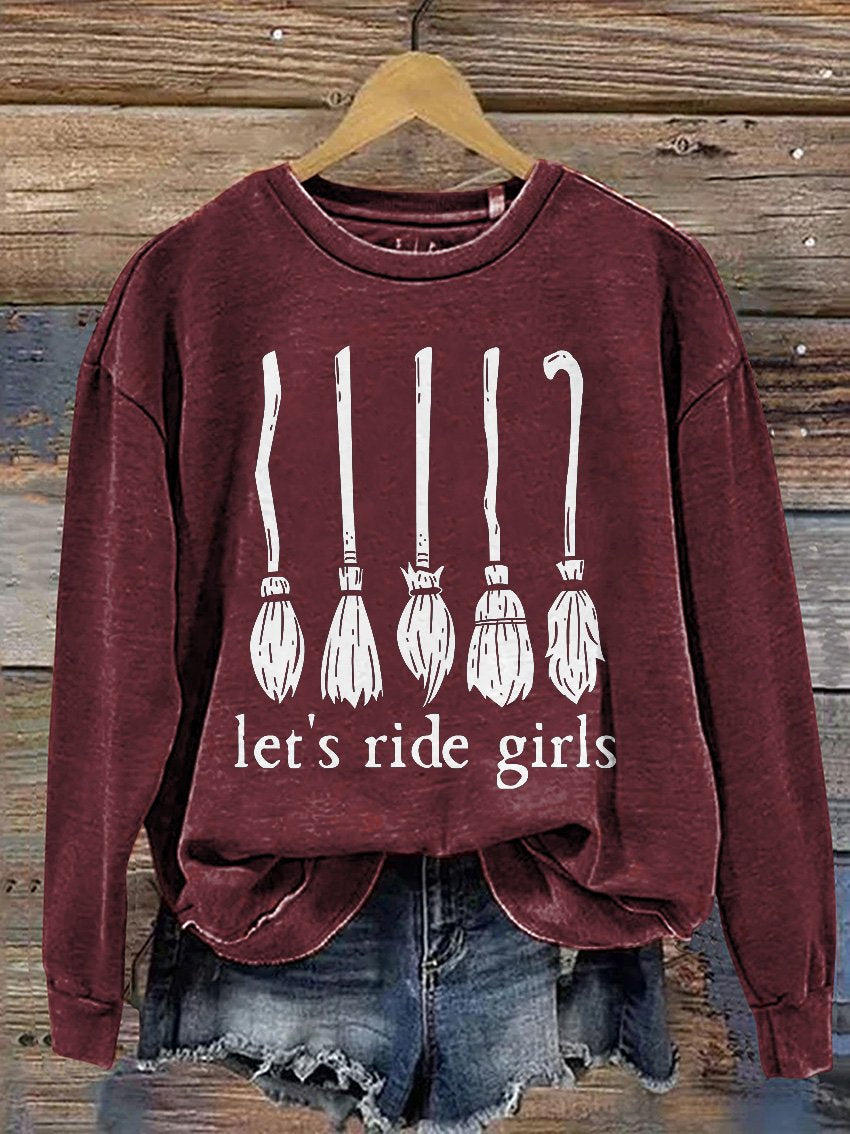 Let's Ride Girls Witches Halloween Casual Print Sweatshirt