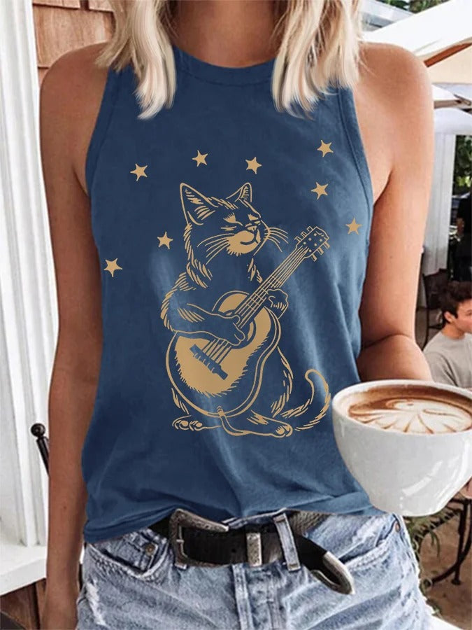 Gilet décontracté pour femme avec motif chat jouant de la guitare