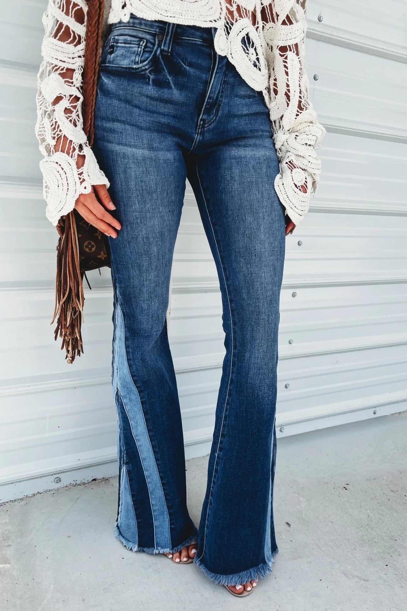 Color Block Fringe High Waist Flare Jeans