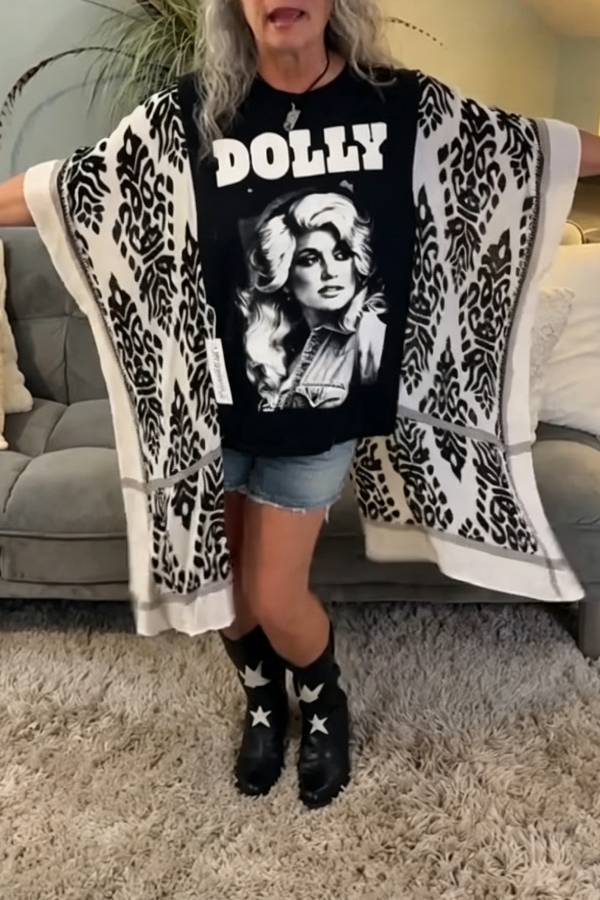 Dolly Parton Leopard Print Kimono Batwing Tee