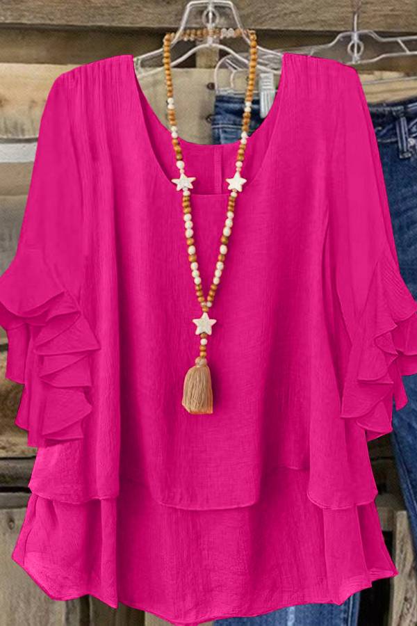 U-Neck Multi Ruffle Loose Cotton Linen Casual Top