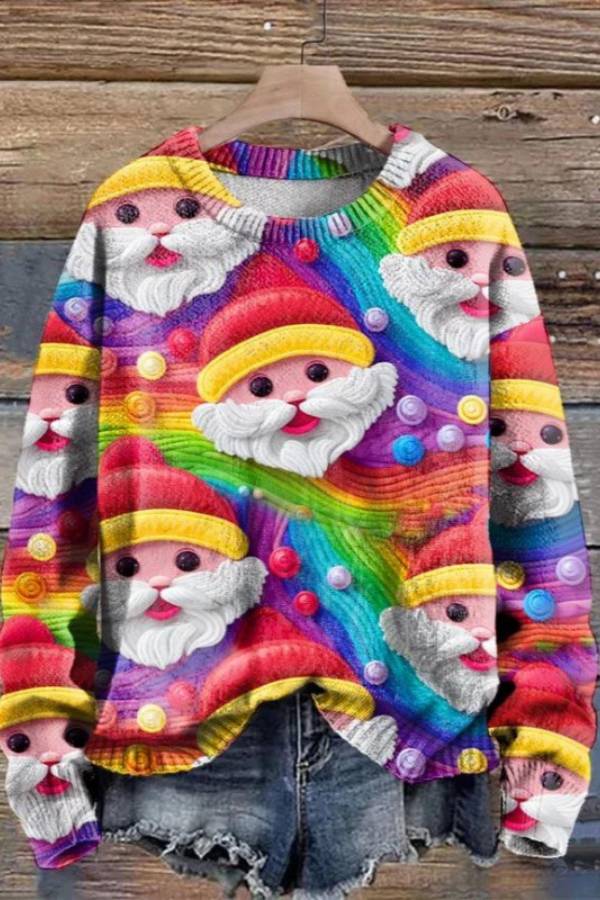 Christmas all-over print Santa Claus loose knit sweater