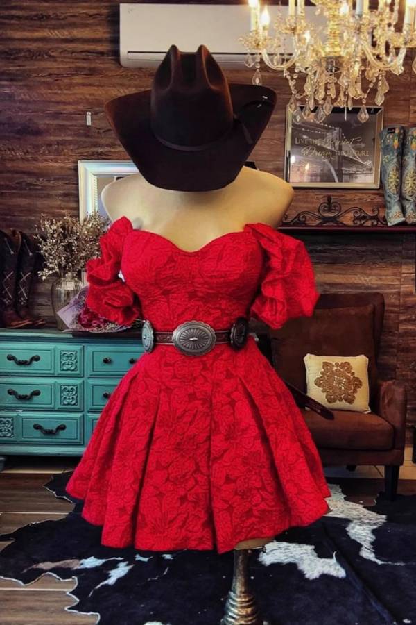 Multi-Color Jacquard Western Style Off-the-Shoulder Puff Sleeve Corset Mini Dress