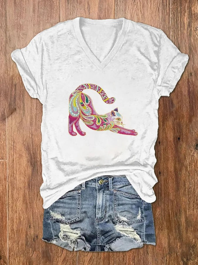 T-shirt col V à imprimé chat brodé pour femme