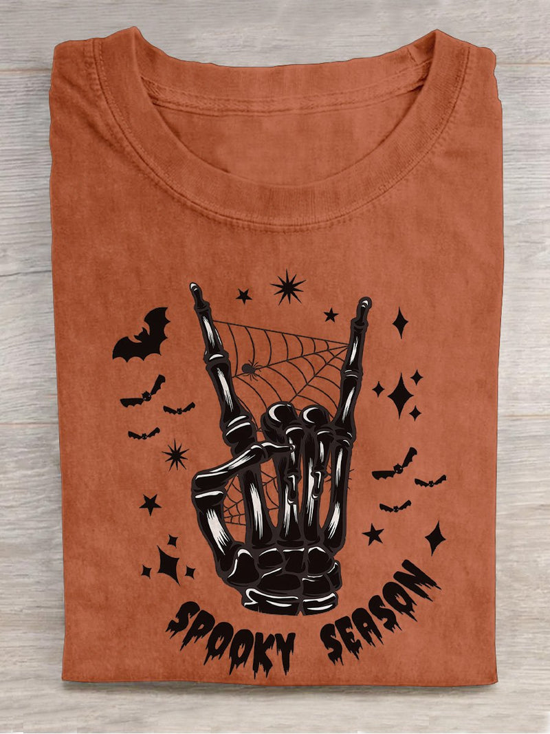 Spooky Season Skeleton Halloween Casual Print T-shirt