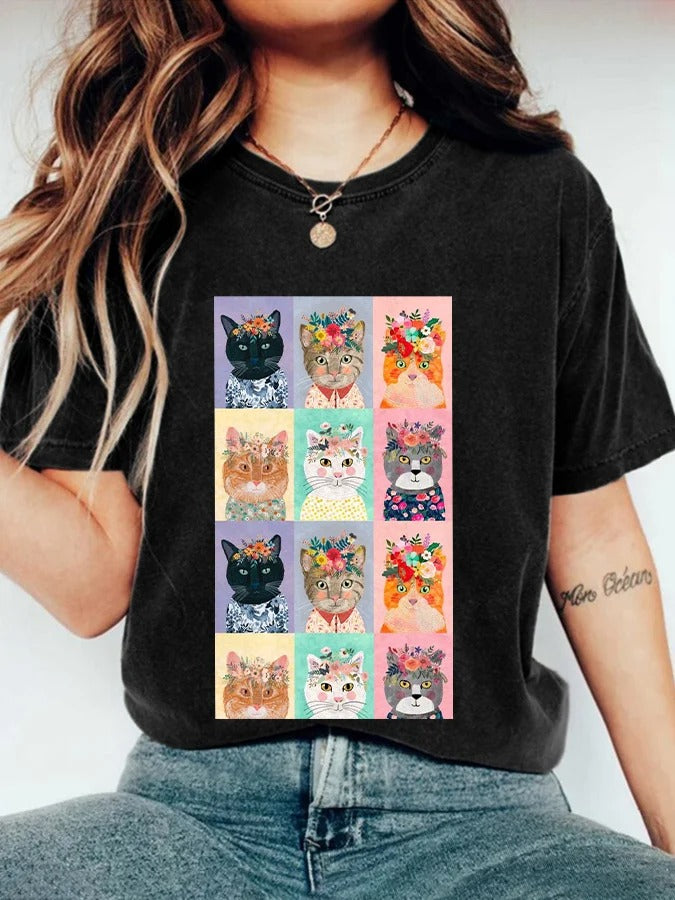 T-shirt décontracté à imprimé chat pour femme