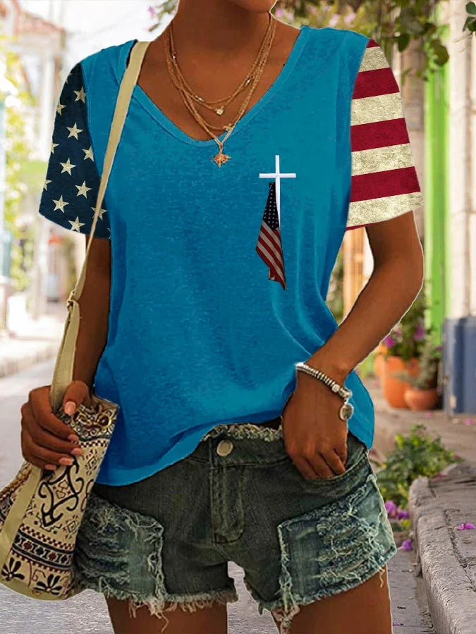 Women's Flag Print Casual V-Neck T-Shirt