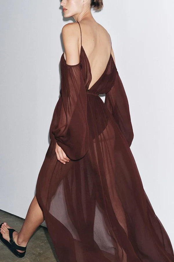 Marsie Semi-sheer Fabric Cutout Off Sholder Elastic Waist Slit Maxi Dress