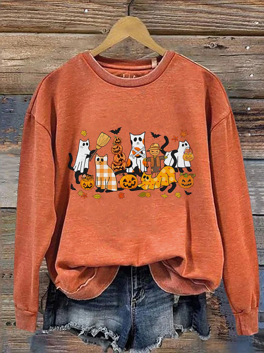 Schwarzes Sweatshirt mit Halloween-Geisterkatzen-Print