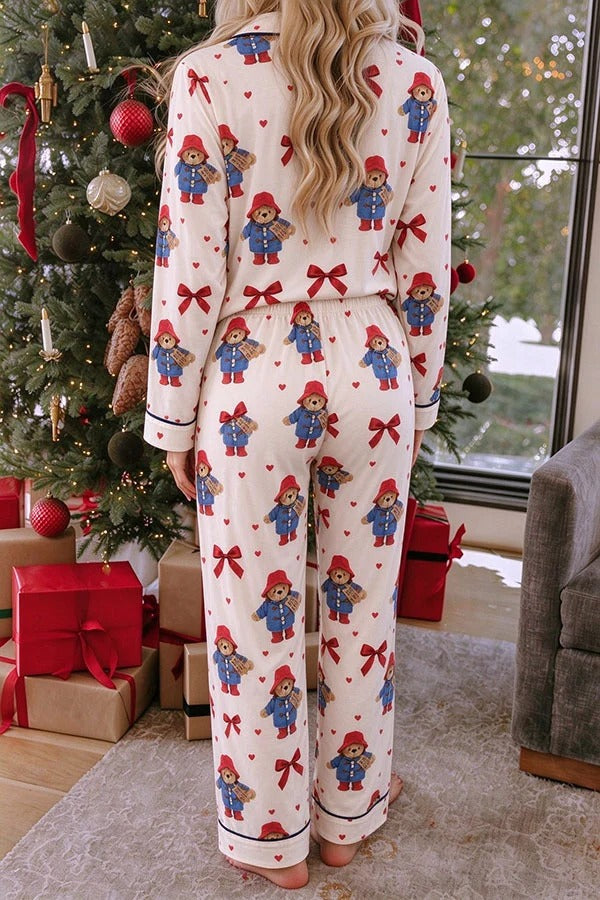 Teddy Bear Bow Unique Print Long Sleeve Loose Shirt and Elastic Waist Pocket Pajama Set