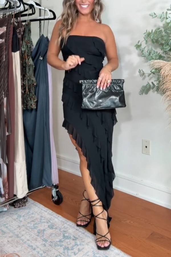 Black Strapless Asymmetrical Ruffle Dress