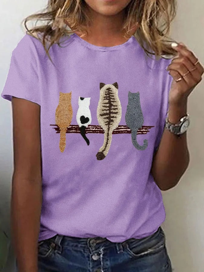 T-shirt décontracté imprimé chat pour femme