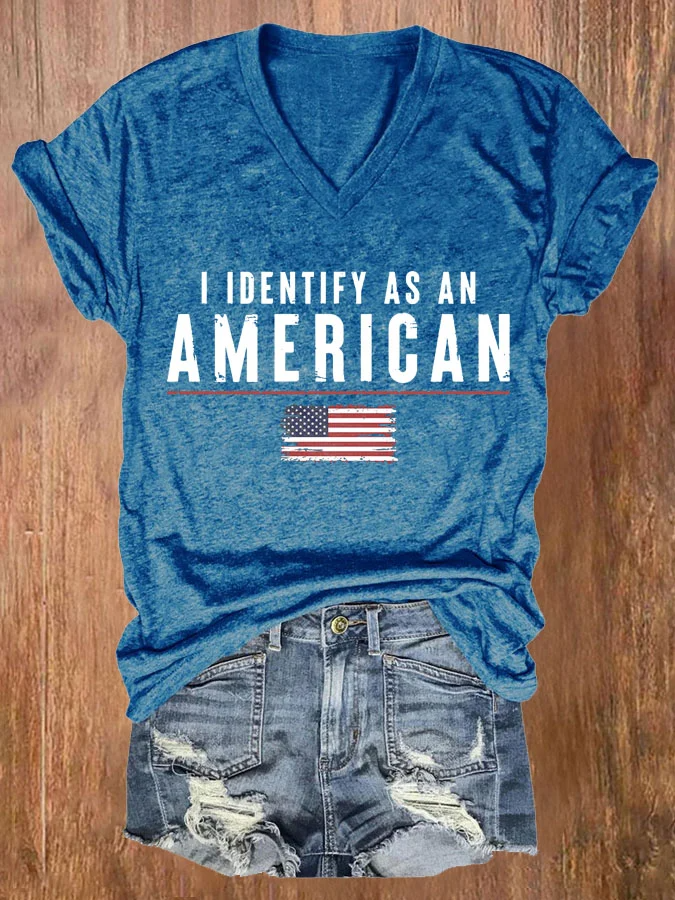 Women's I Identify As An American Print Casual V Neck T-shirt