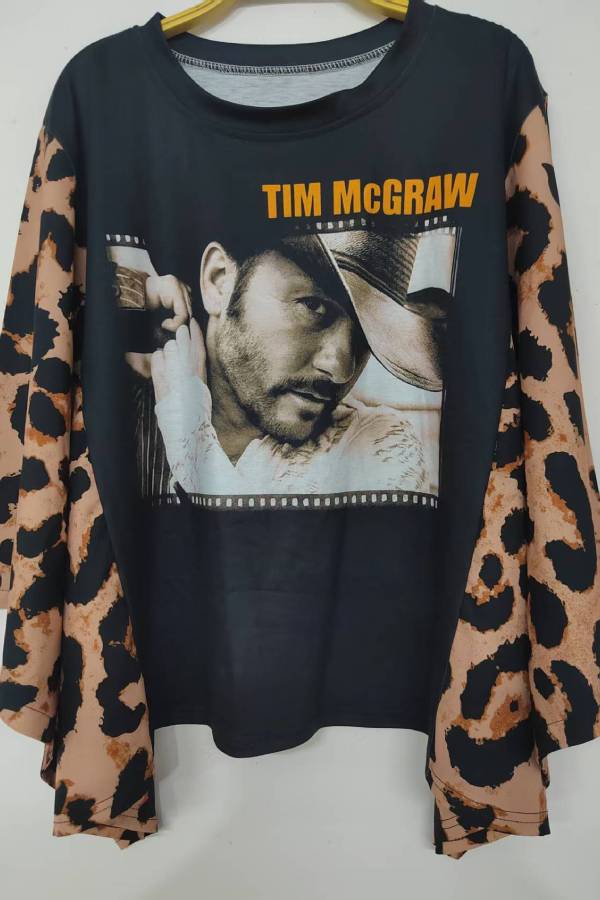 Leopard Sleeve Country Singer Printed Top