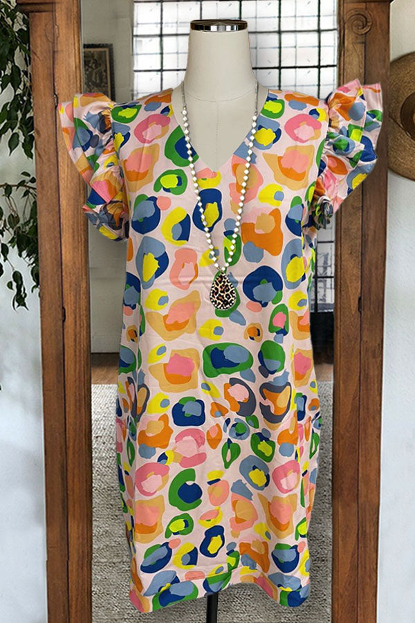 Mehrfarbiges Kleid mit V-Ausschnitt und Rüschenärmeln und Leopardenmuster