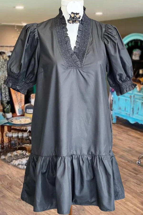 Robe unie à manches bouffantes et col en V froncé
