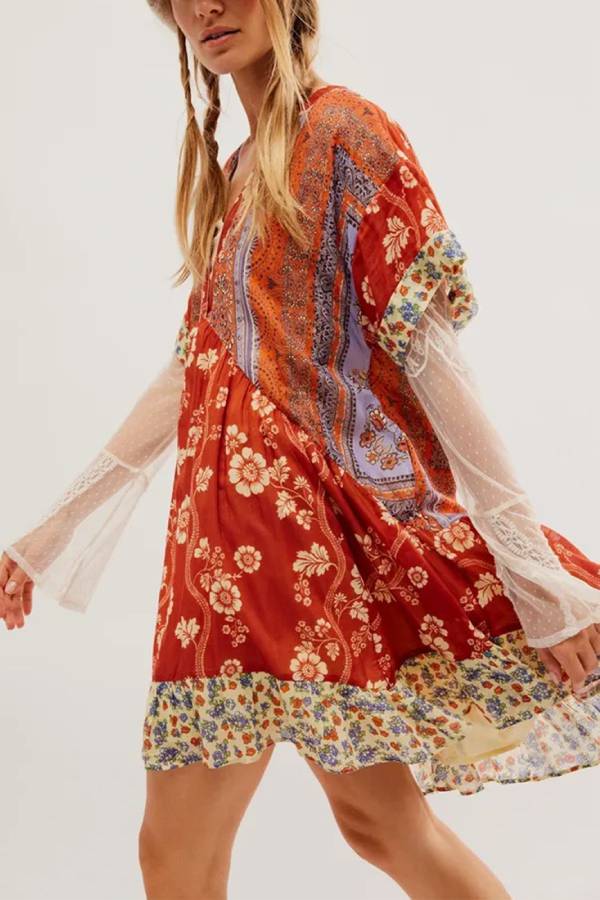 Multi-Print V-Neck Ruffle Loose Bohemian Mini Dress