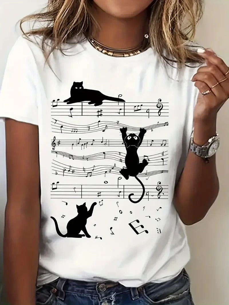T-shirt femme à manches courtes avec imprimé chat et partition musicale