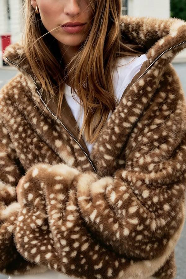 Bambi Print Faux Fur Funnel Neck Zip Long Sleeve Drawstring Hem Jacket